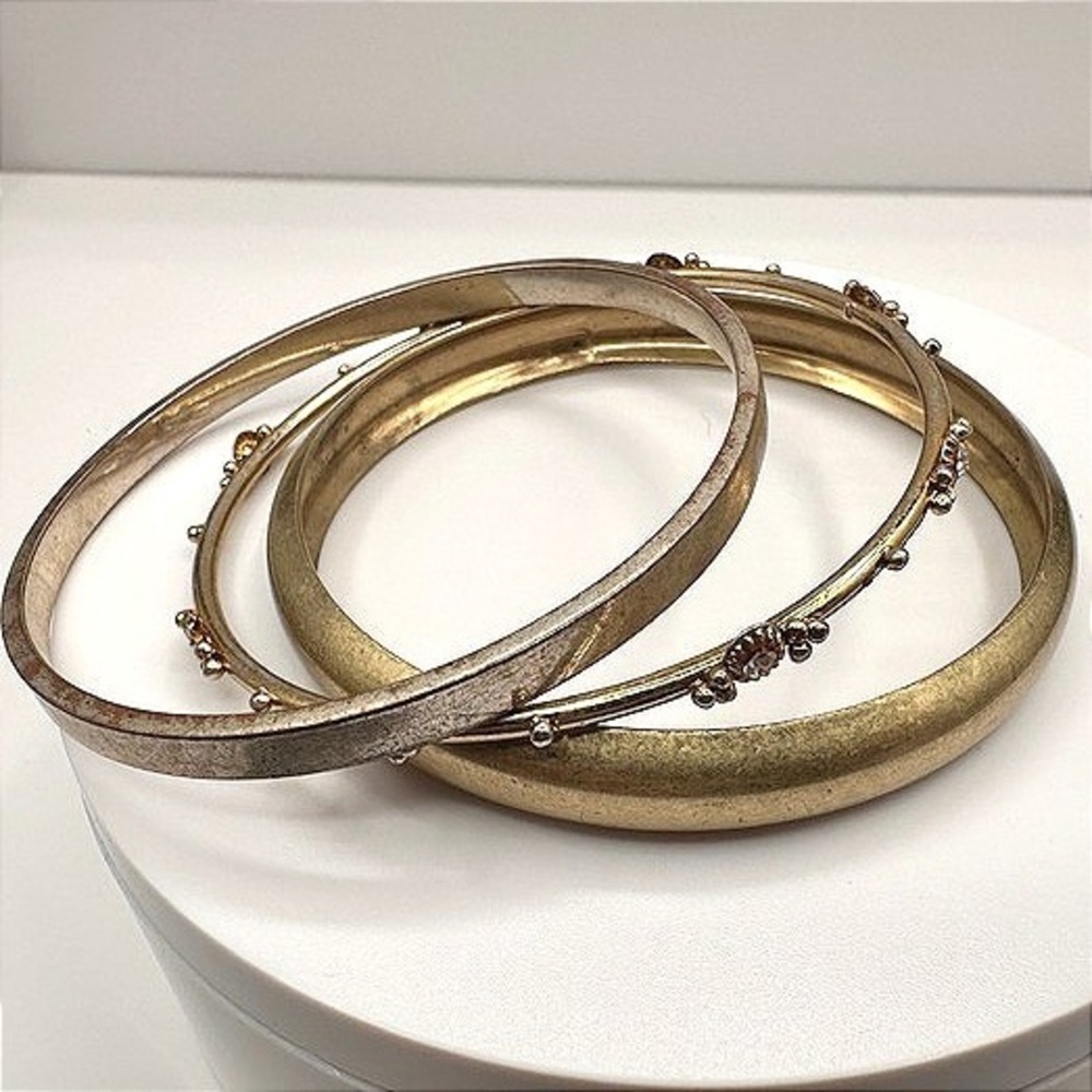 Vintage Bangle Bracelets Set Gold Tone Stackable Textured Rhinestone Boho Retro‎